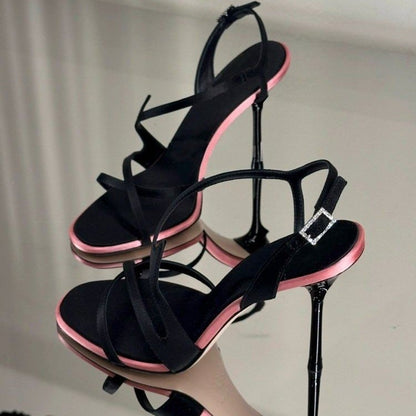 Chuyuji Black Stiletto High Heels 2026 New Summer Open Toe One Strap Satin Color Block Elegant Dating Sandals