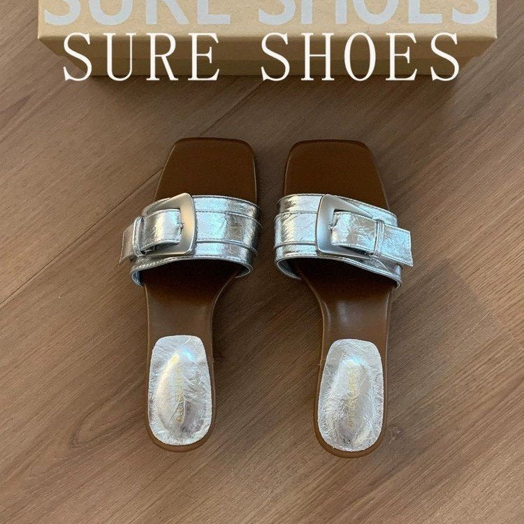 4cm French Thin Heel Open Toe Slippers Women 2026 Summer Retro Belt Buckle One Strap Slide Sandals Outdoor Wear
