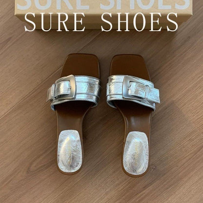 4cm French Thin Heel Open Toe Slippers Women 2026 Summer Retro Belt Buckle One Strap Slide Sandals Outdoor Wear