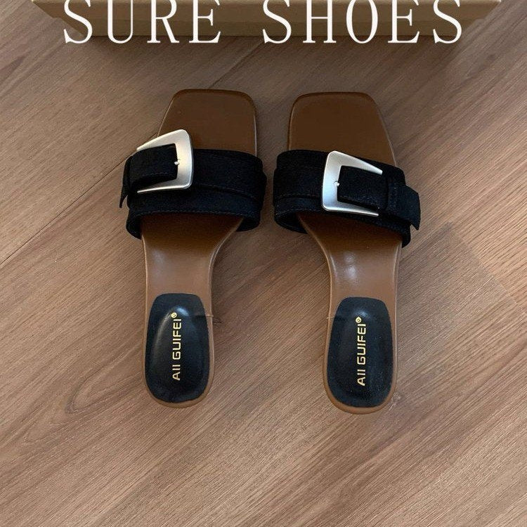 4cm French Thin Heel Open Toe Slippers Women 2026 Summer Retro Belt Buckle One Strap Slide Sandals Outdoor Wear