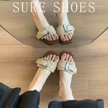 4cm French Thin Heel Open Toe Slippers Women 2026 Summer Retro Belt Buckle One Strap Slide Sandals Outdoor Wear