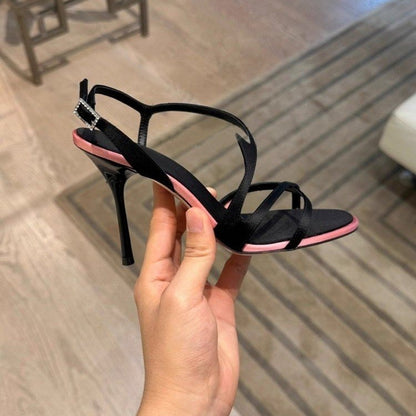 Chuyuji Black Stiletto High Heels 2026 New Summer Open Toe One Strap Satin Color Block Elegant Dating Sandals
