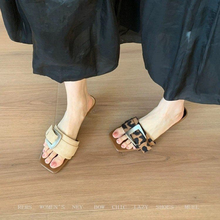 4cm French Thin Heel Open Toe Slippers Women 2026 Summer Retro Belt Buckle One Strap Slide Sandals Outdoor Wear