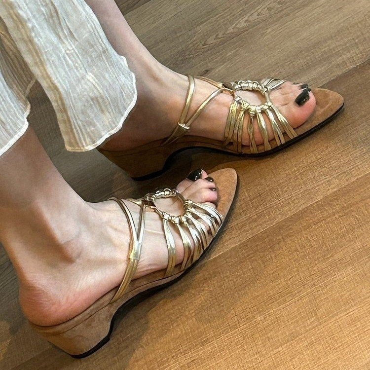 French Resort Style Two-way Wear Wedge Sandals Women 2026 Summer New Open Toe High Heels Elegant Roman Slide Sandals